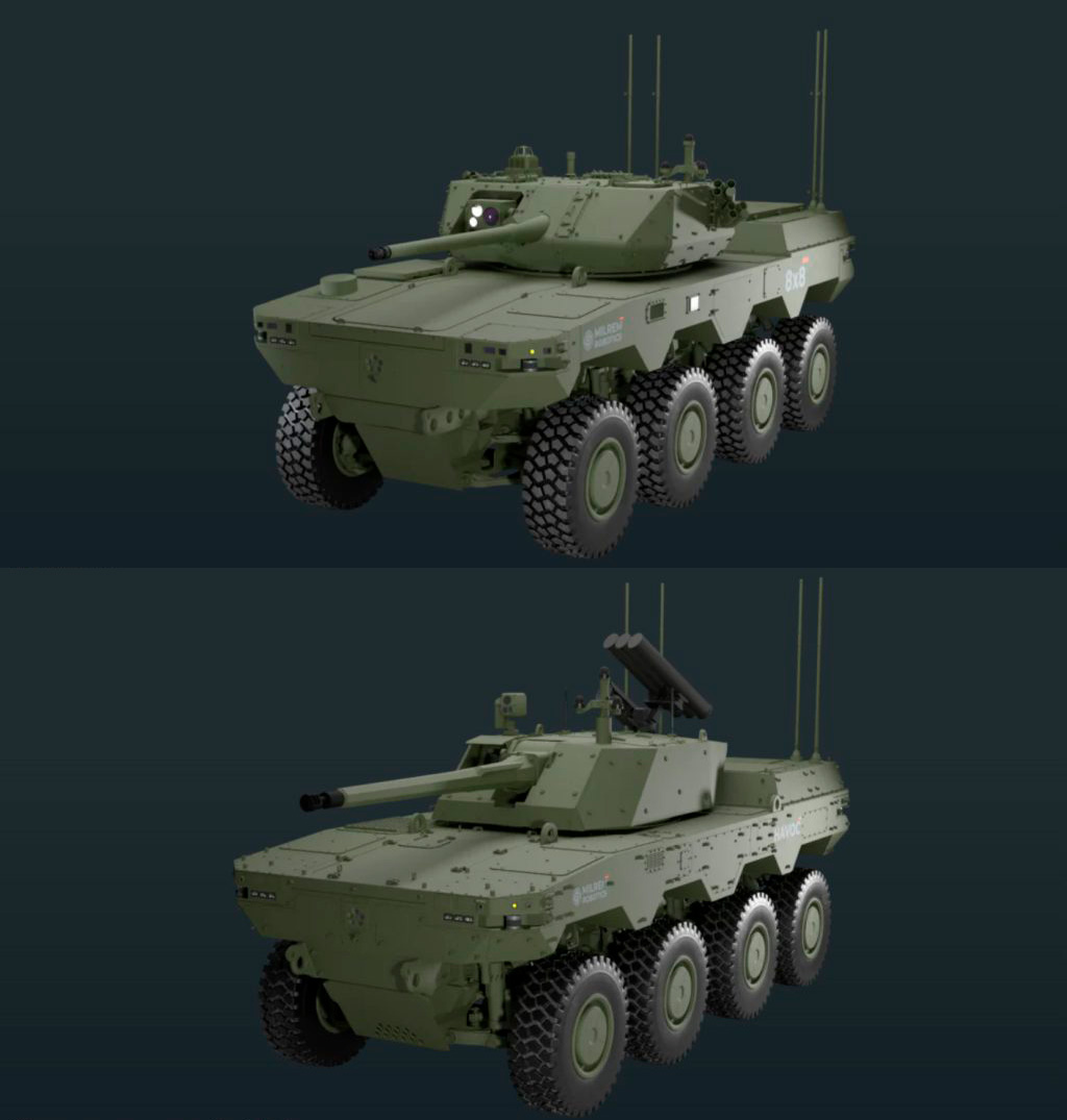 HAVOC 8×8 RCV with the MCT-30 cannon above and with an anti-aircraft missile system below / Defense Express / War of Drones: Estonia Unveils Havoc 8x8 RCV Unmanned Combat Vehicle With Anti-UAV Missiles Developed for Ukraine