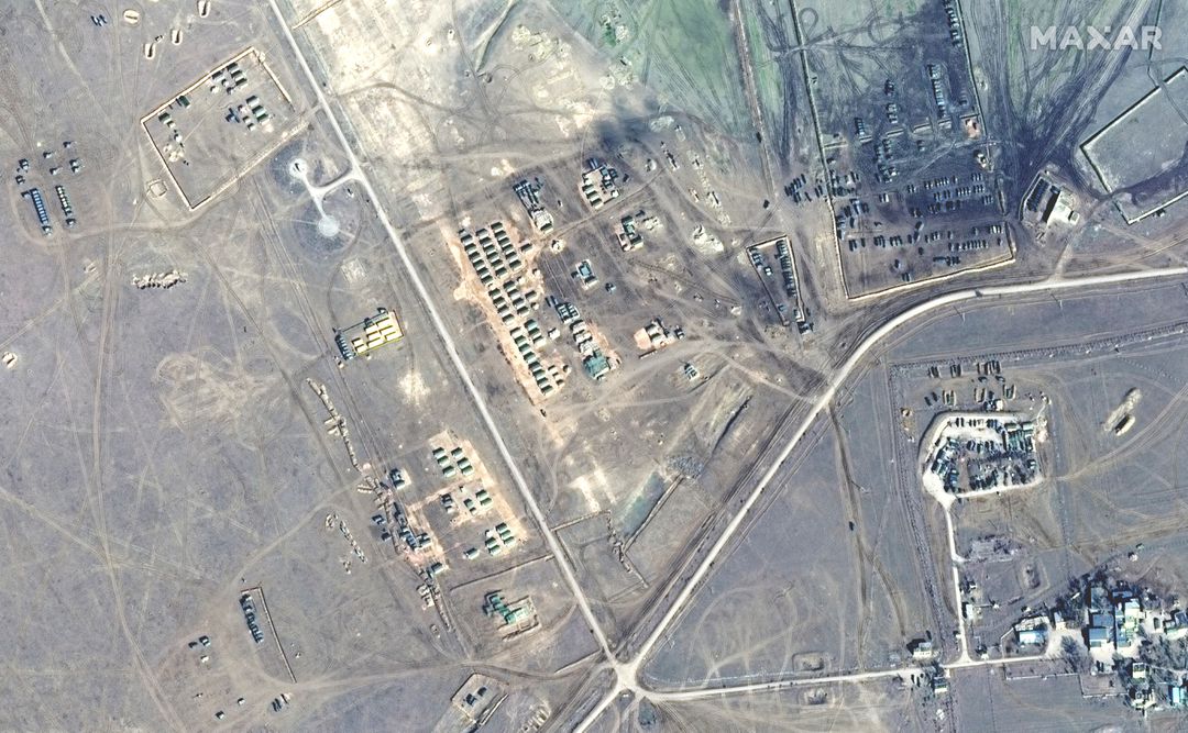 A satellite image shows tents and artillery at Opuk training area, in Crimea, February 15, 2022. Maxar Technologies/Handout via REUTERS