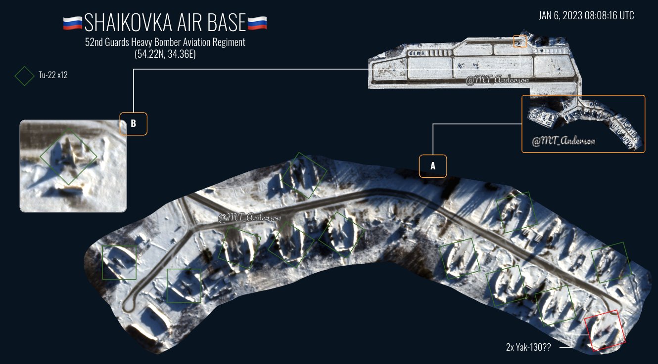 Russian Tu-22M3 bombers at the Shaykovka airfield as of January 6, 2023, in the photo we can see protective barriers, Defense Express