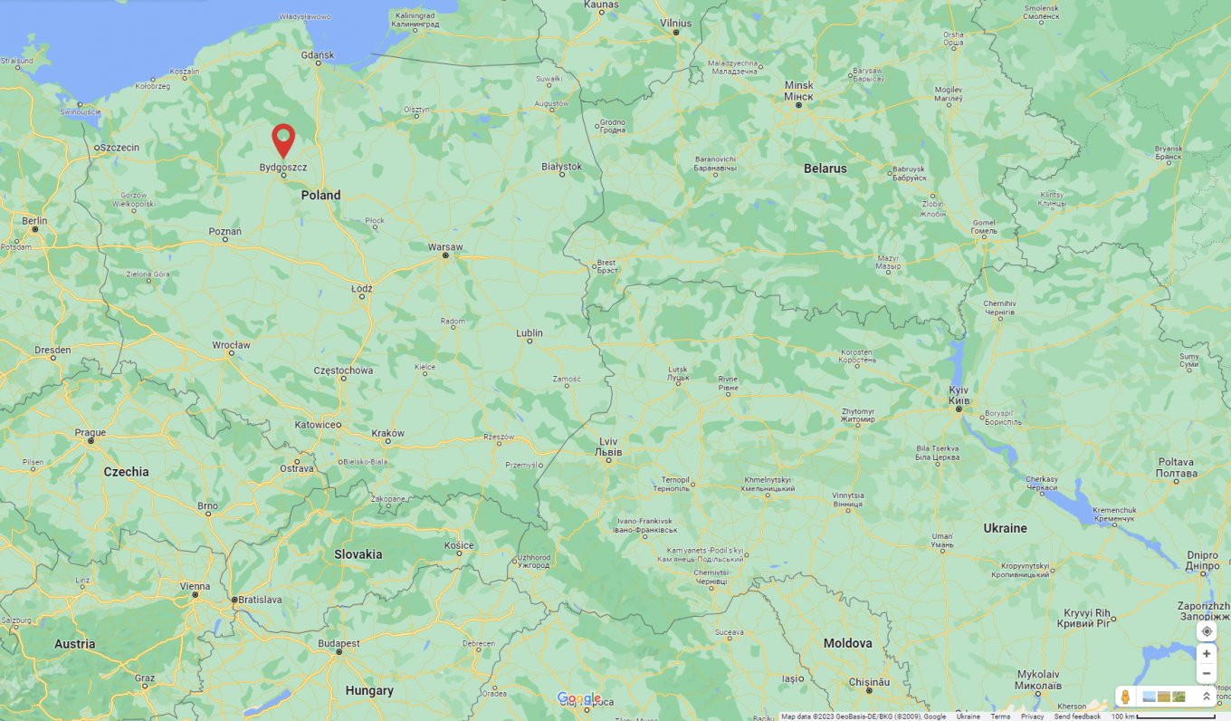 The approximate location of the object found by Polish services. Reportedly, it fell outside the city, in a nearby forest