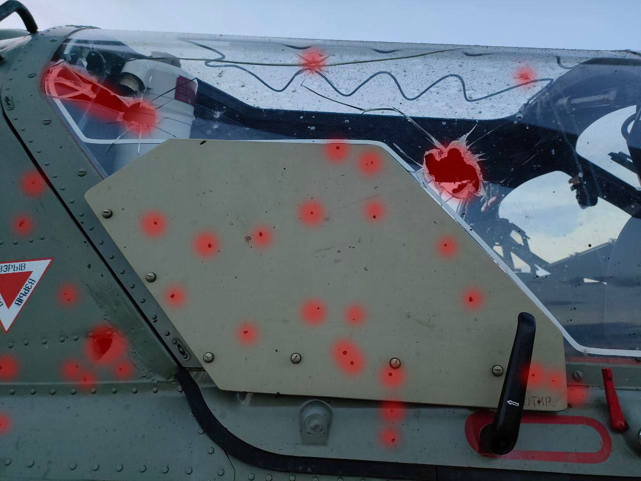 Side view of the pilot's cockpit of Ka-52 after the ATACMS strike. Damage caused by missile highlighted in red