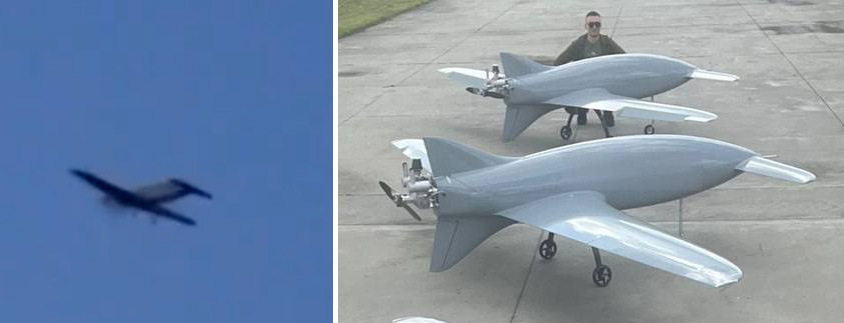 A drone photographed by russian citizens in the skies near Moscow and a pair of VG-26 Bober drones next to charity volunteer Serhii Sternenko