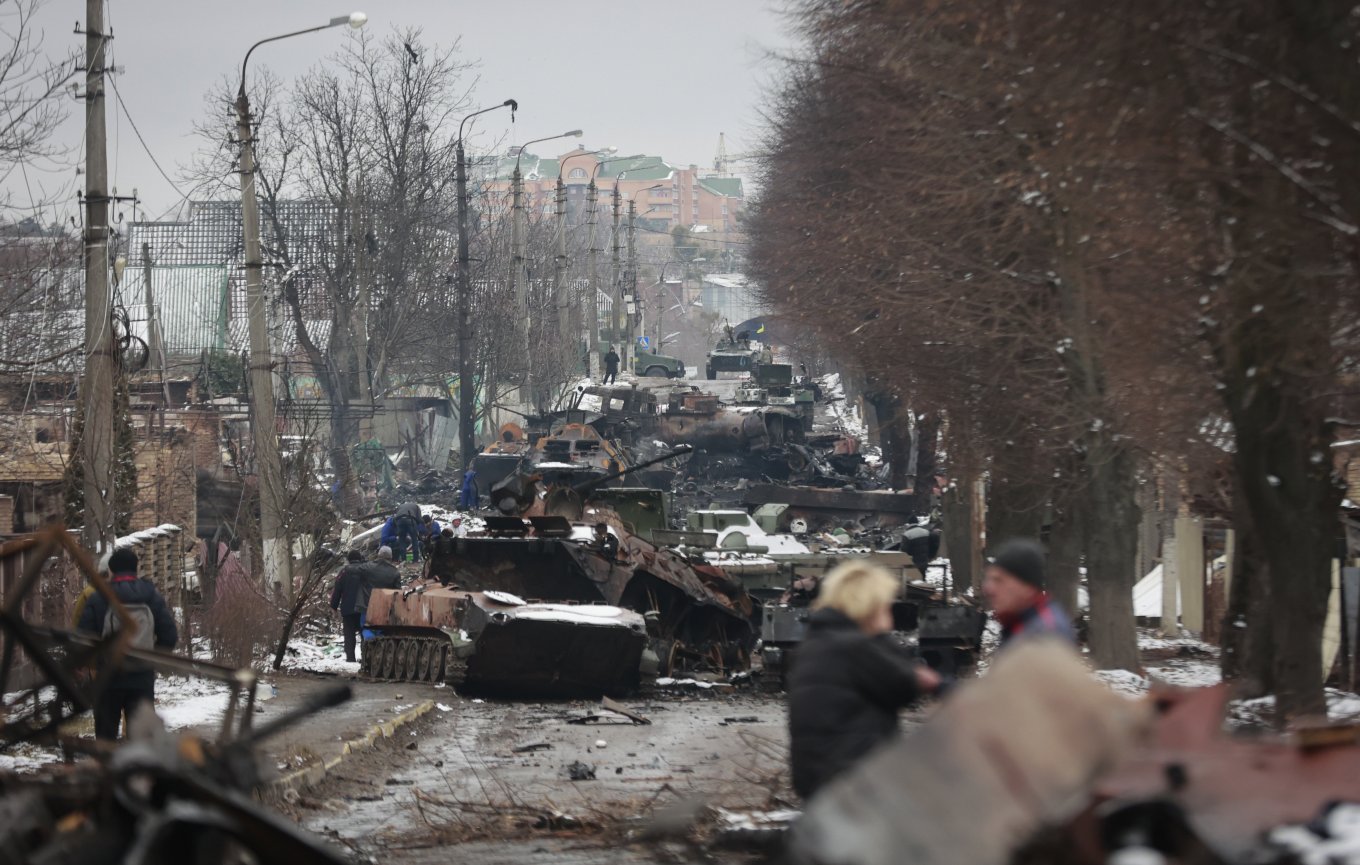 Defense Express / The remains of a russian army armoured column in Bucha, Ukraine on 01 March 2022 after they were attacked by Ukranian military