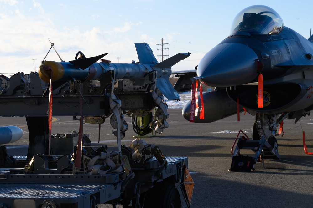 AIM-9 Sidewinder air-to-air missile awaiting loading onto an F-16 fighter