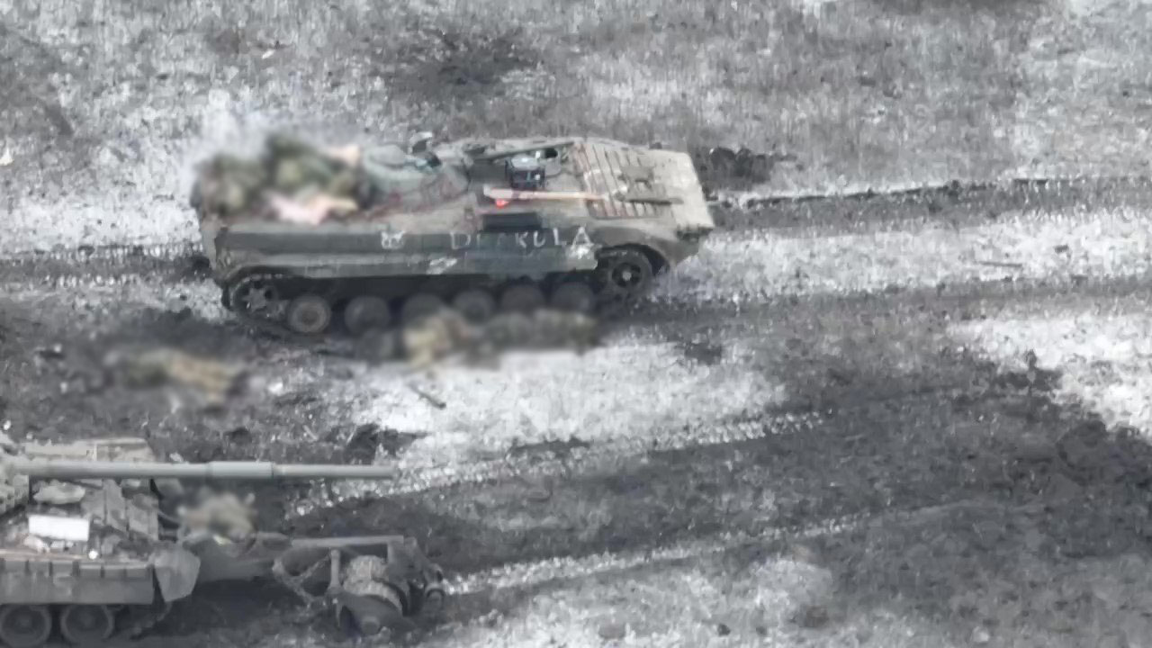 The aftermath of an attempted Russian attack on Vuhledar, Donetsk Oblast on Fabruary 6: a Russian BMP-1 was destroyed, a T-80BV with a KMT-7 mine trawl, BMP-2 and another BMP-1 were damaged and abandoned, The vehicles blew up on AT mines and were targeted by artillery, Ukraine’s General Staff Operational Report: russians Trying to Offence on Wide Front While Defenders of Ukraine Grinder Them, Defense Express