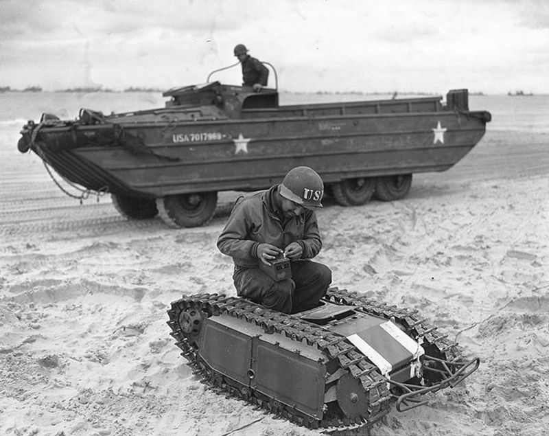 American soldiers examine a captured Goliaf