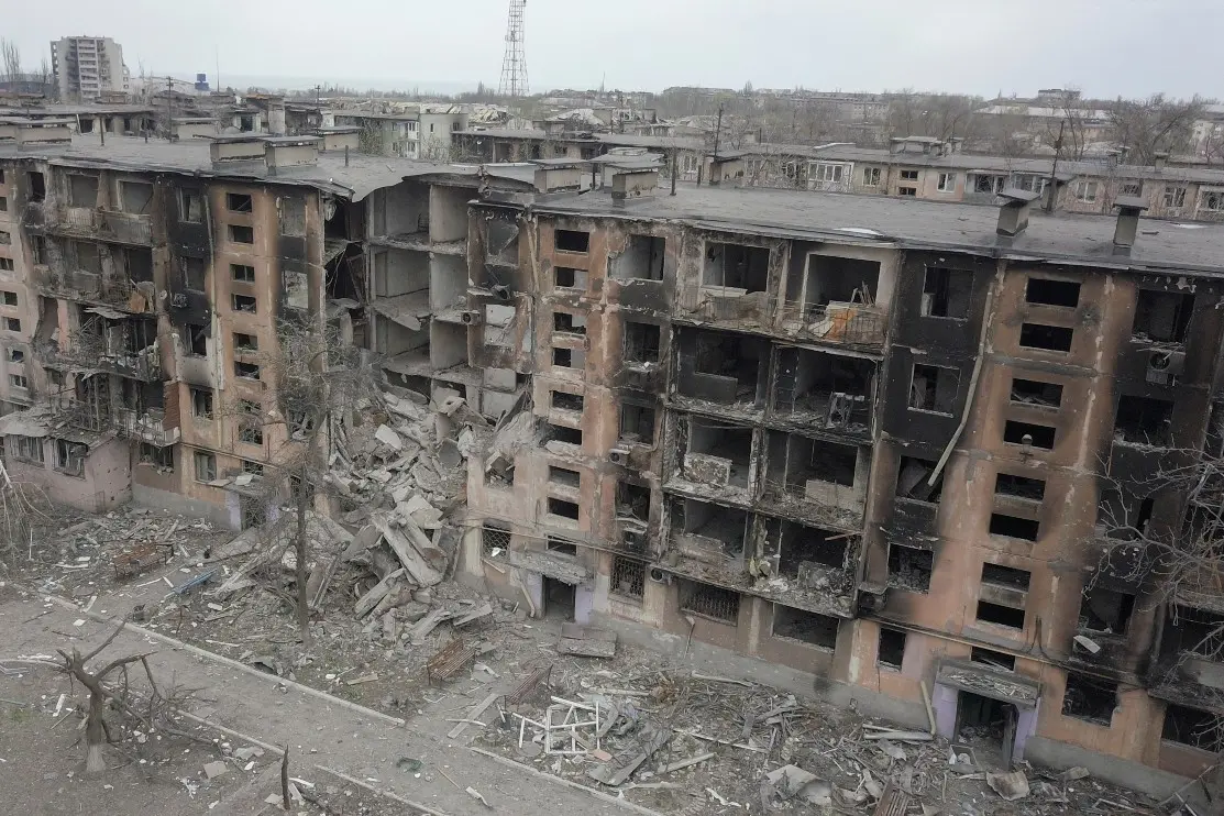 An aerial view shows a residential building destroyed during Ukraine-russia war in Mariupol, Ukraine April 18, 2022 , Defense Express