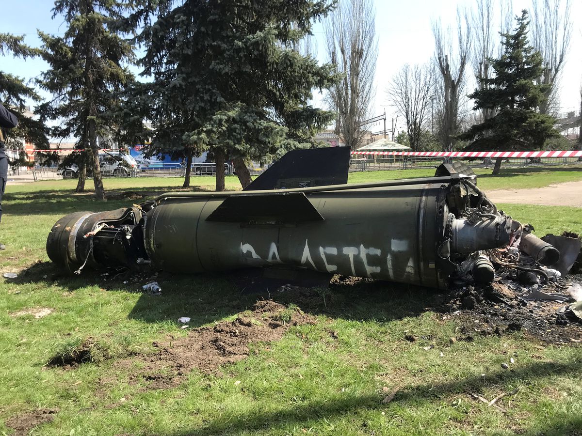 Remains of a missile are seen near a rail station, amid Russia's invasion of Ukraine, in Kramatorsk, Ukraine April 8, 2022, Day 45th of War Between Ukraine and Russian Federation,Defense Express
