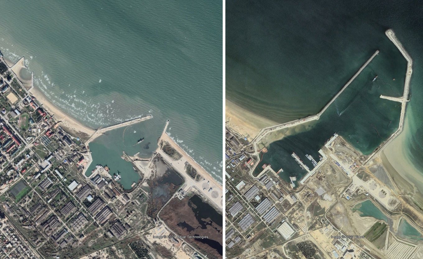 russia Plans to Relocate the Black Sea Fleet Away From Ukraine to Occupied Abkhazia, russia’s Naval Base in Kaspiysk in 2015 (L) and 2023 (R), Defense Express