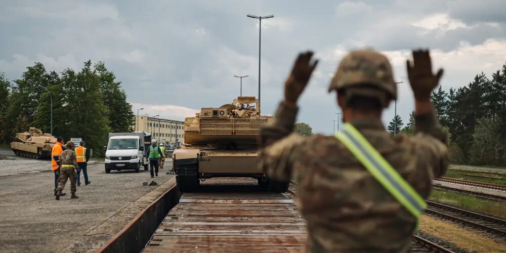 M1 Abrams tanks are unloaded from the railway at the Grafenwoehr training area in Germany, where Ukrainian soldiers used them for exercising. May 14th, 2023