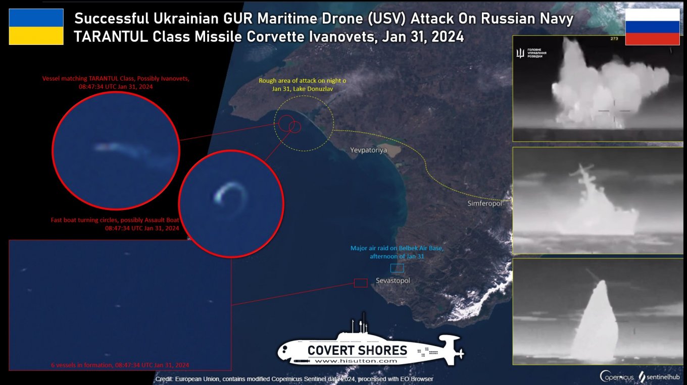 The approximate location of Ivanovets corvette shortly before the Ukrainian sea drone strike