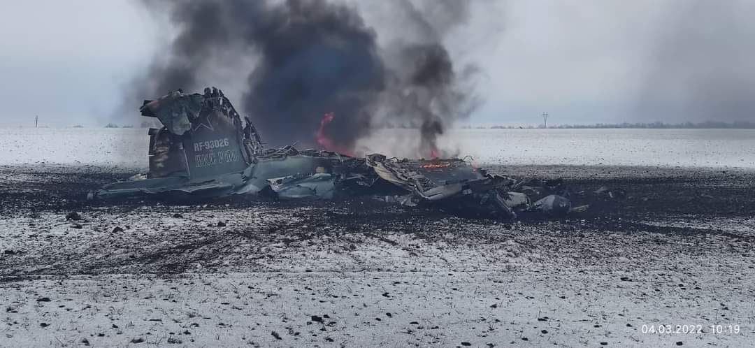 Remnants of a russian Su-25SM3 (ID number RF-93026) destroyed by Ukrainian air defense in March 2022