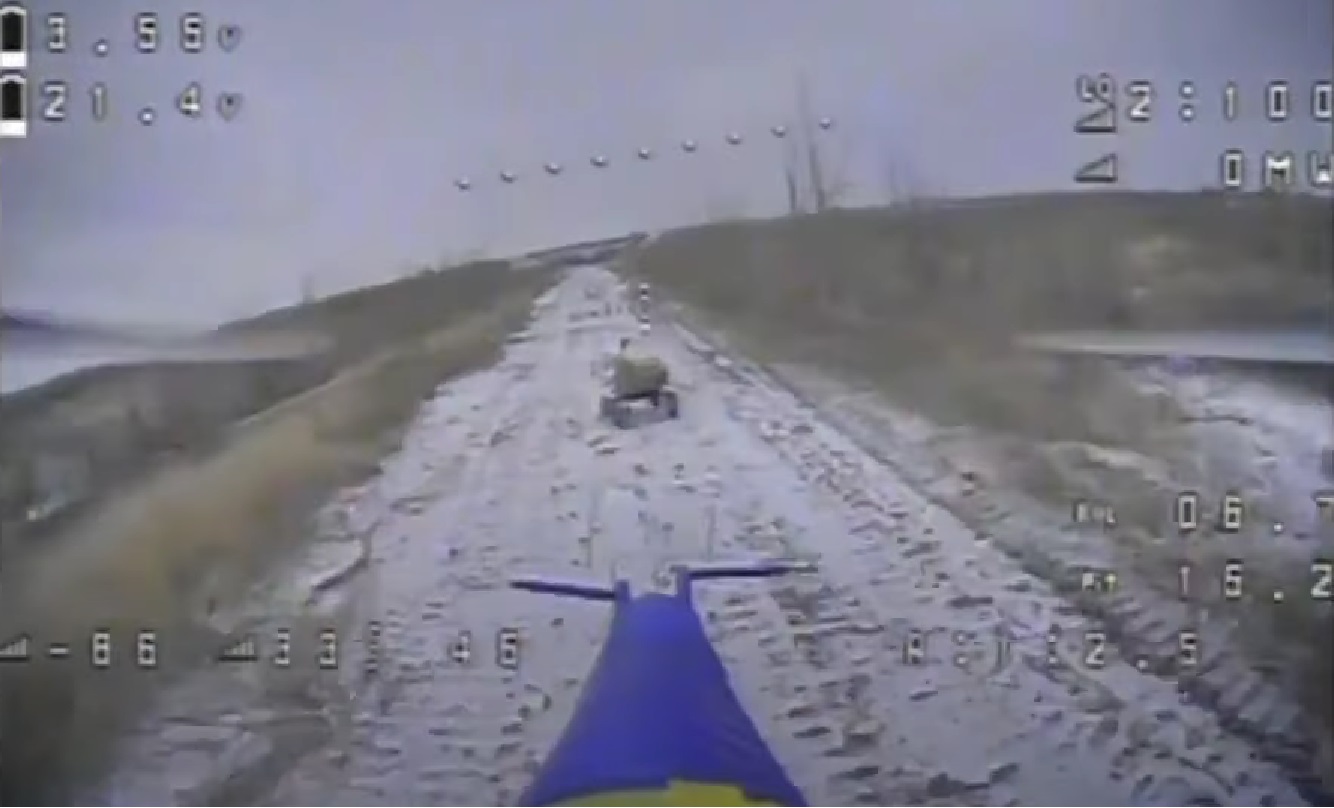 The Ukrainian FPV drone destroyed the unmanned ground vehicle near Avdiivka, December 2023. Screenshort from video of the 110th Mechanized Brigade