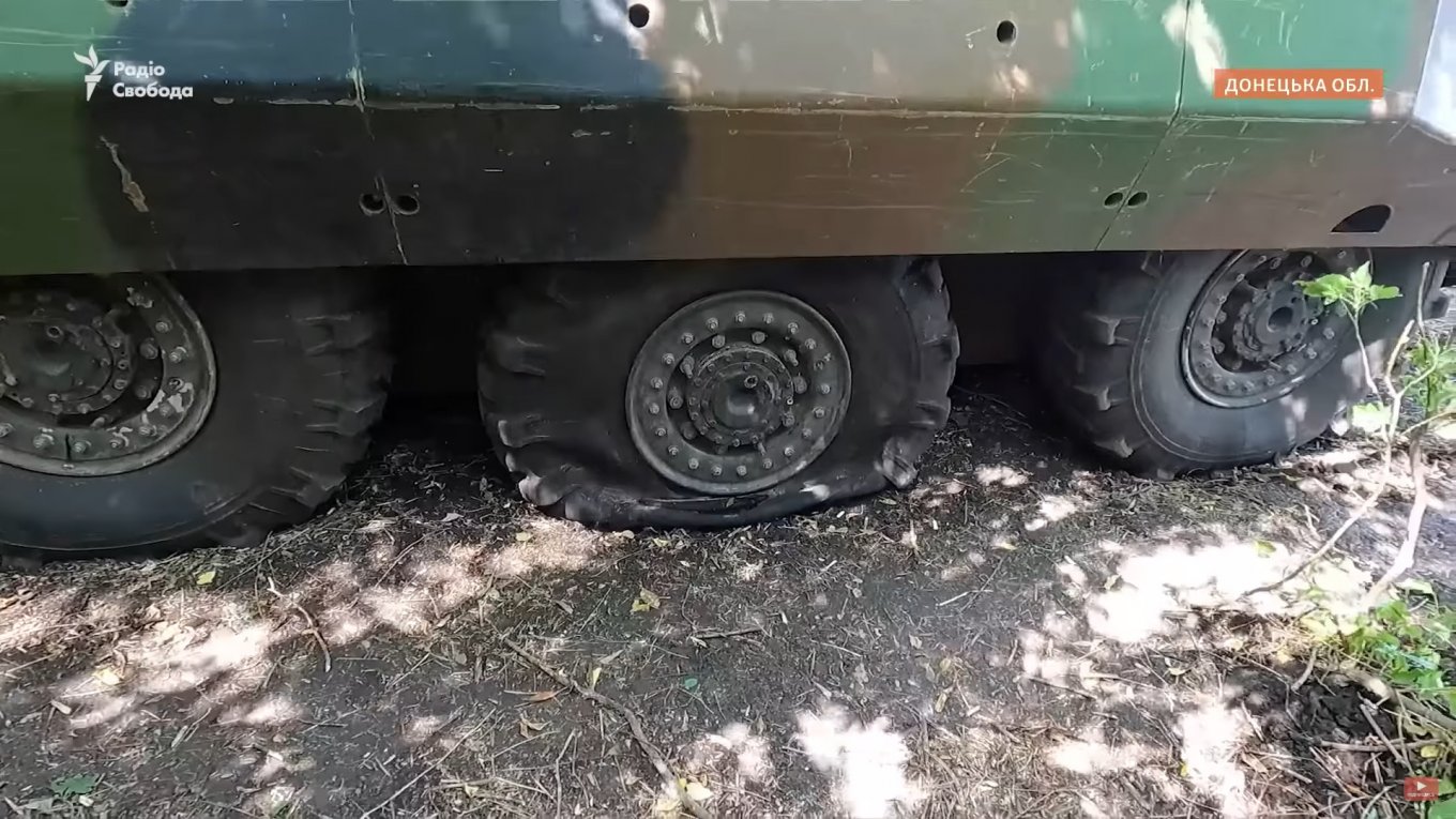 Damage caused to one of the wheels by an anti-personnel landmine