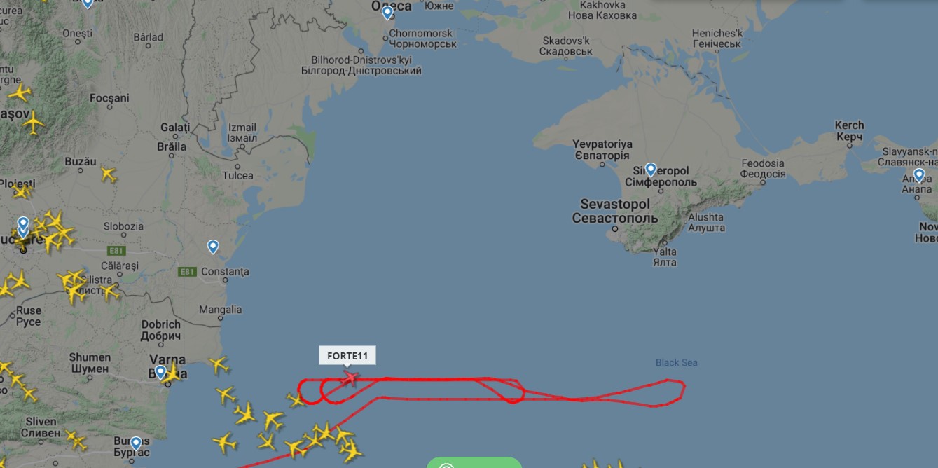 Defence Express / The map by Flightradar24 shows the way how RQ - 4 Global Hawk stategic UAV is monitoring the water area ower the Black Sea