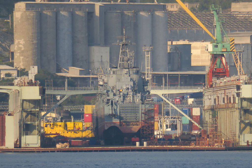 The Project 775 Olenegorsky Gornyak landing ship in a dry dock in Novorossiysk, the breach gaping on the left side of the hull
