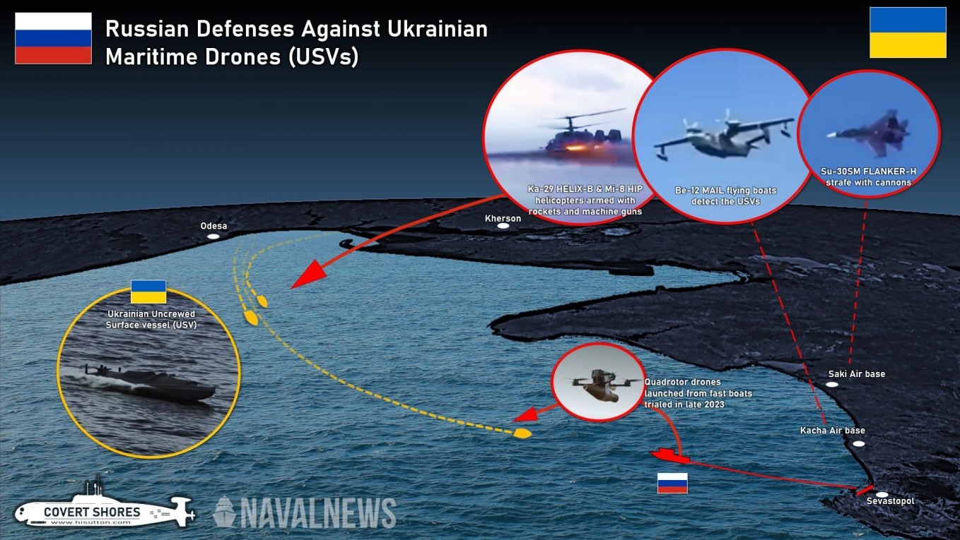 The variety of countermeasures that russian forces deployed against naval drones before the latter learned to shoot aircraft down, published in December 2023 / Defense Express / Why russians Sent in Su-30 Jets, Not Older Be-12 or Ka-29 to Intercept Ukraine's Magura V7 Drones