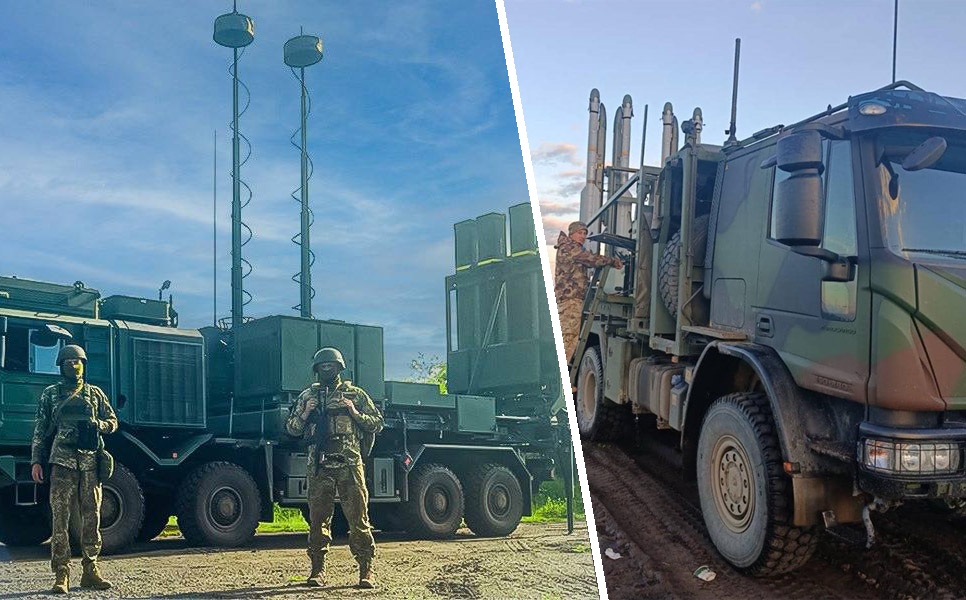 A collage showing IRIS-T SLM and IRIS-T SLS systems in service with Ukraine's Air Force