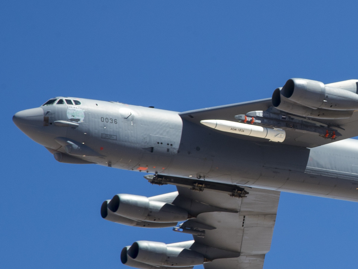 A June 12, 2019 photo shows a B-52 carrying an ARRW prototype (in white, under the left wing) during a test where it was not launched. (Image credit: U.S. Air Force photo by Christopher Okula)