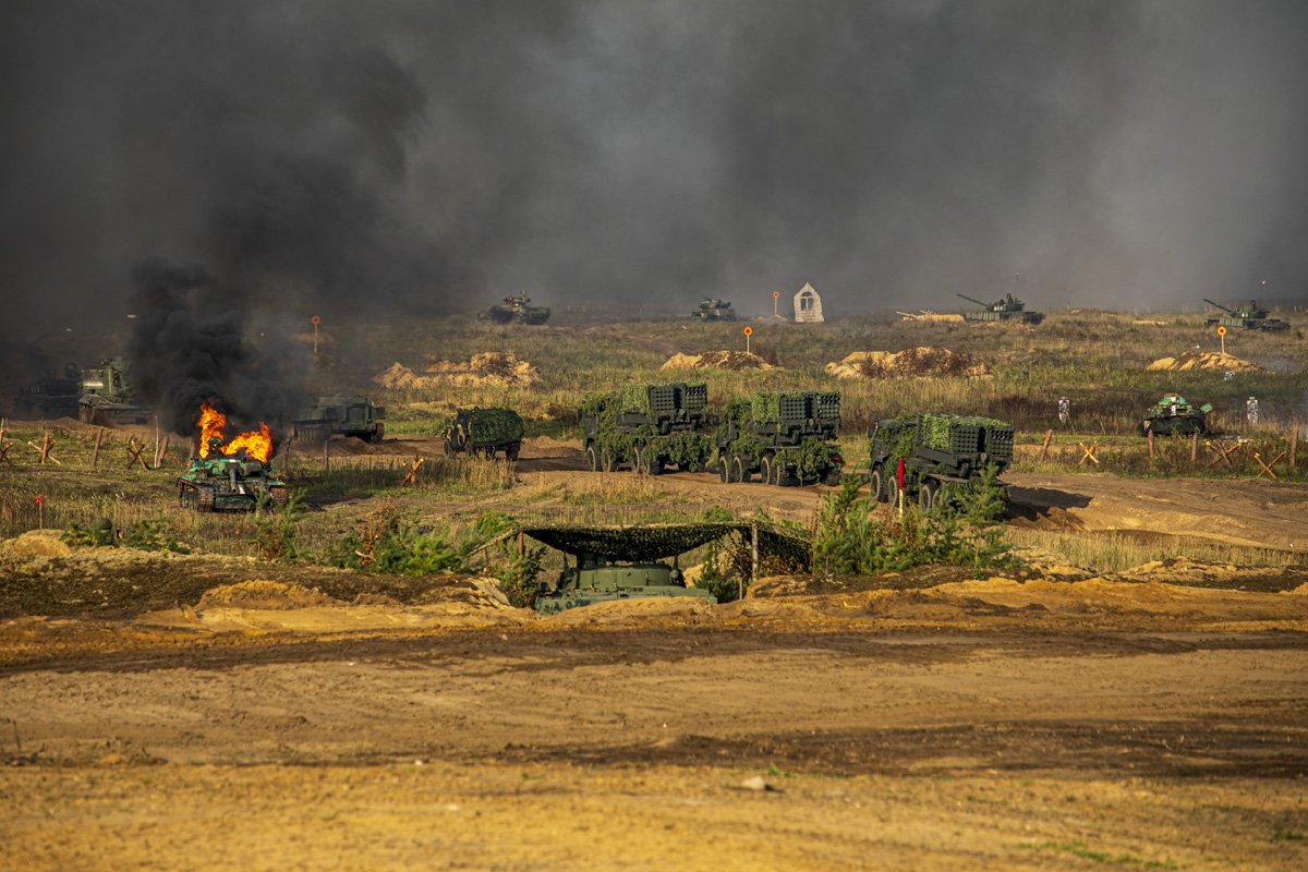 Zemledeliye ISDM remote minelaying systems on the march toward test firing positions during the 