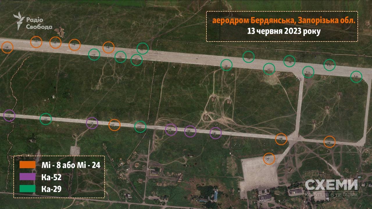 russian Mi-8 and Mi-24 helicopters, Ka-52 and Ka-29, airport of temporarily occupied Berdyansk, June 13, 2023