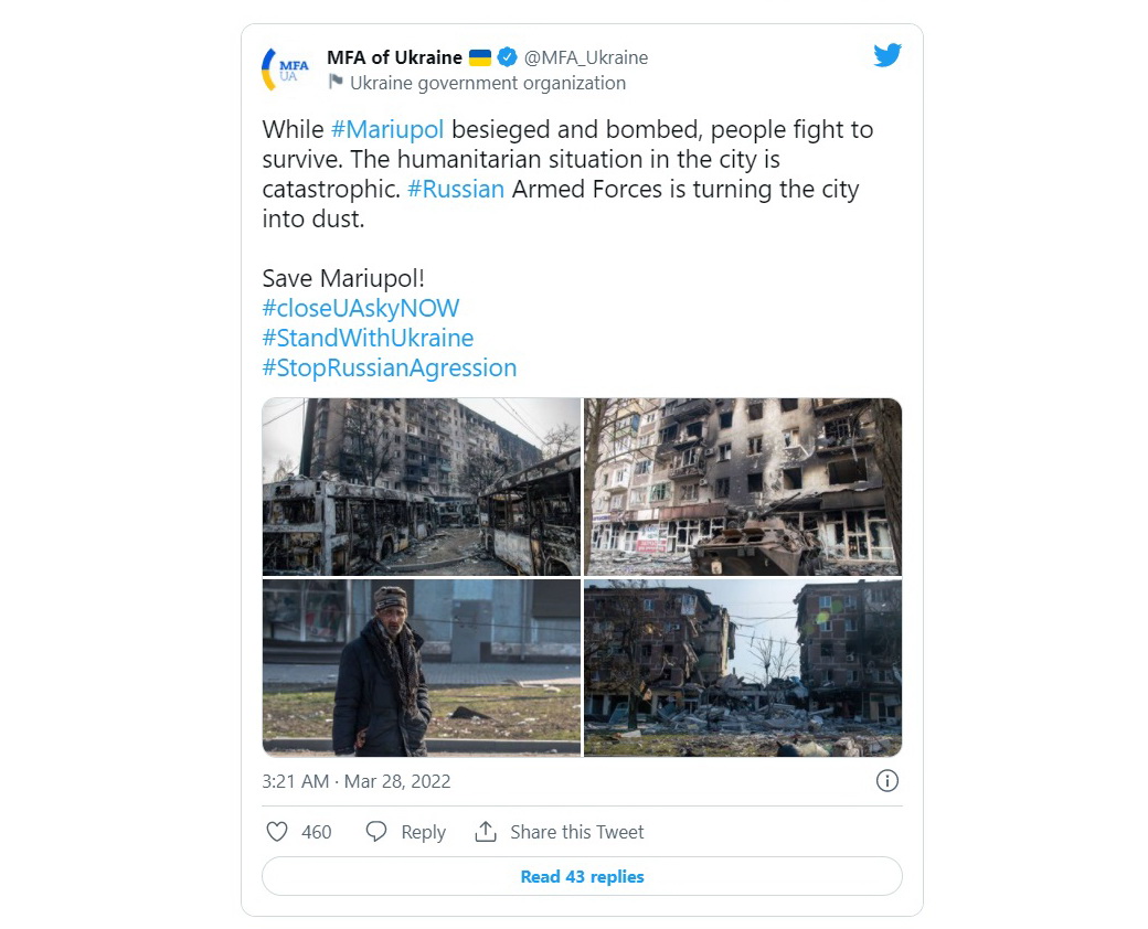The Ministry of Foreign Affairs of Ukraine: Russian forces have turned the besieged city of Mariupol into dust, Defense Express