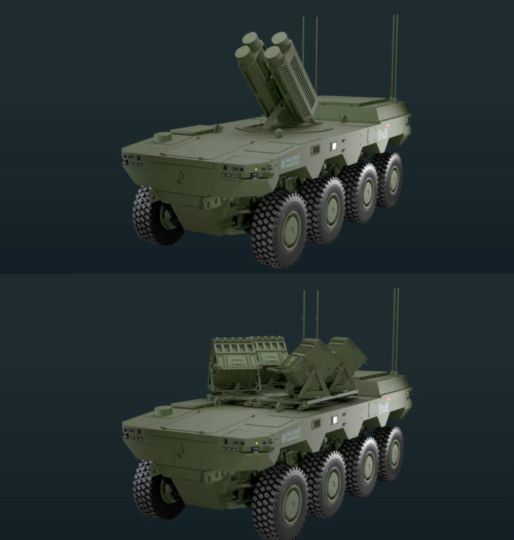 HAVOC 8×8 RCV with a Halcon HS2 launcher above and with a minelayer system below / Defense Express / War of Drones: Estonia Unveils Havoc 8x8 RCV Unmanned Combat Vehicle With Anti-UAV Missiles Developed for Ukraine
