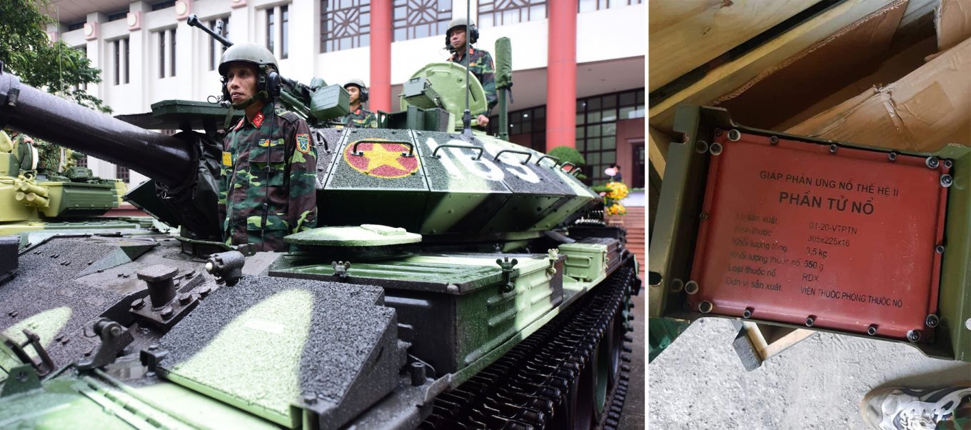 Explosive reactive armor tiles on a T-54/55 (left) and one tile block separately / Defense Express / Modern Protection Meets WW2-Era Gun, Or How Vietnam Upgraded Its T-54 Fleet