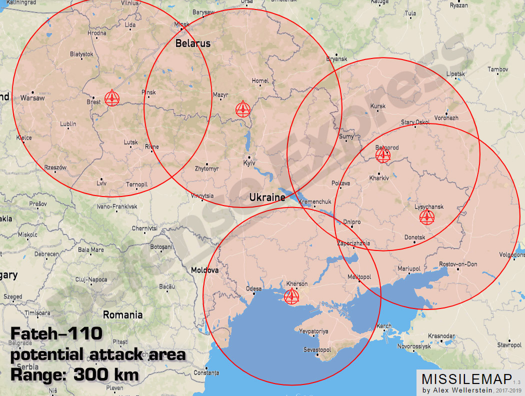 Fateh-110 potential attack range