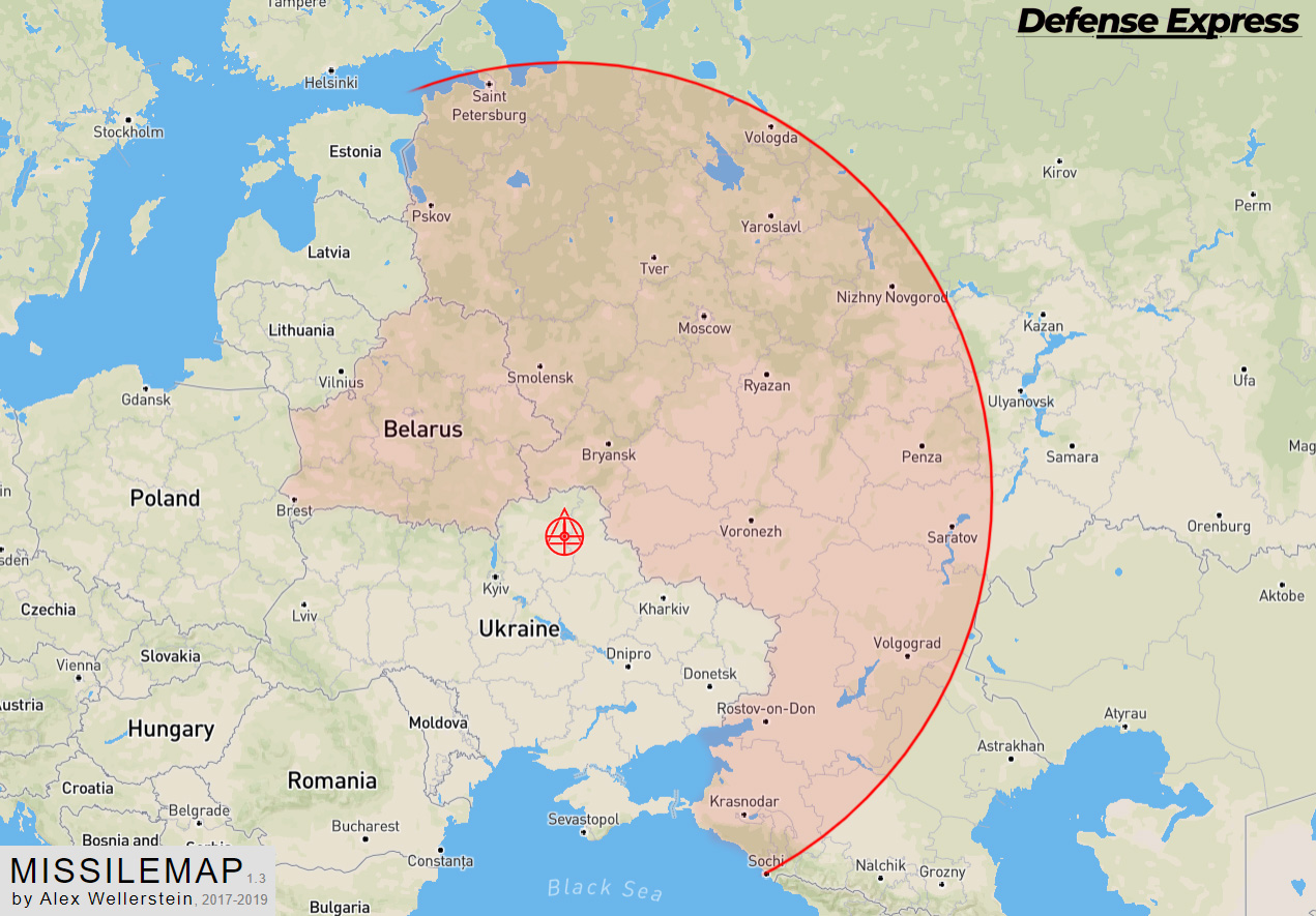 Coverage area of a potential Ukrainian missile strike with a range of 1,000 km
