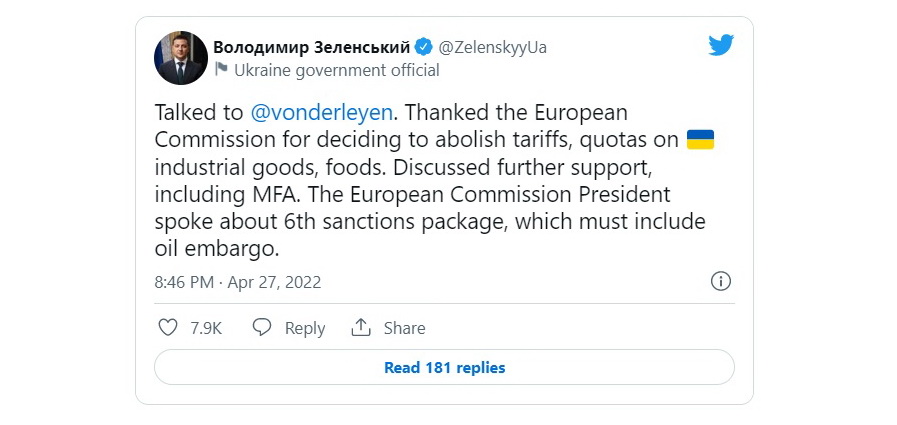 President of Ukraine Volodymyr Zelenskiy: EU 'must include' oil embargo in Russia sanctions, says Zelenskiy, Defense Express
