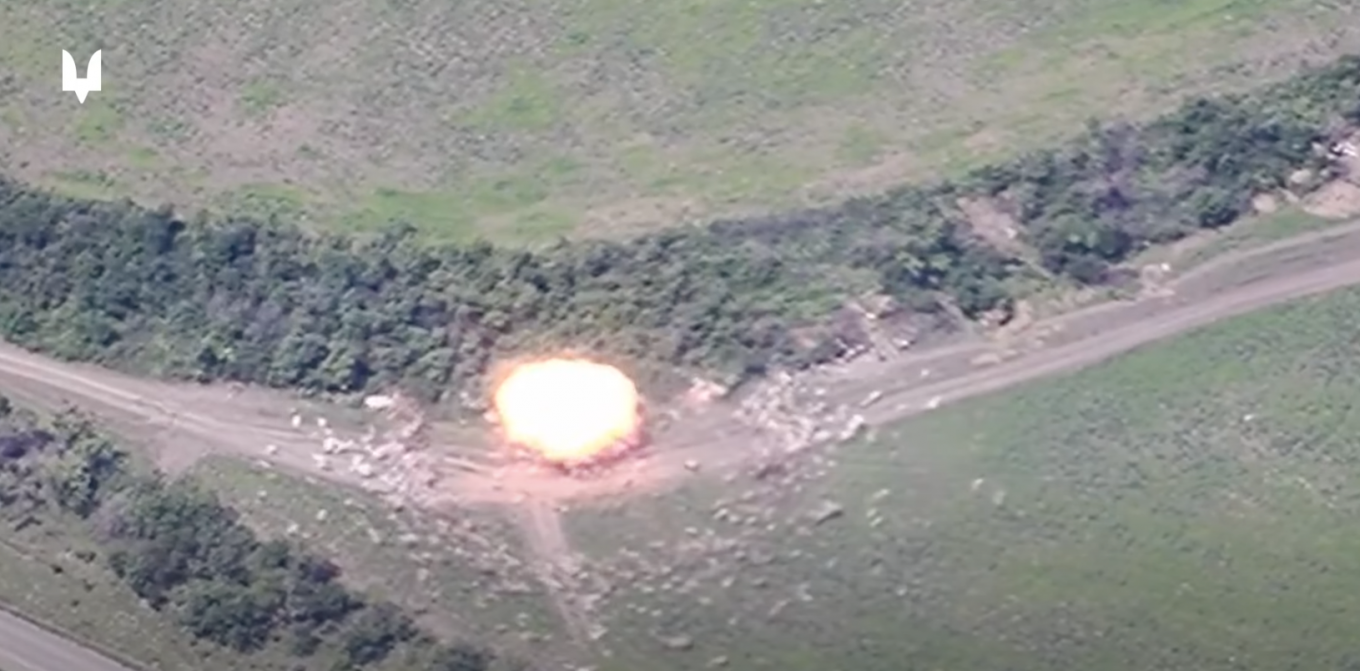 The moment an artillery shell hits a Grad MLRS
