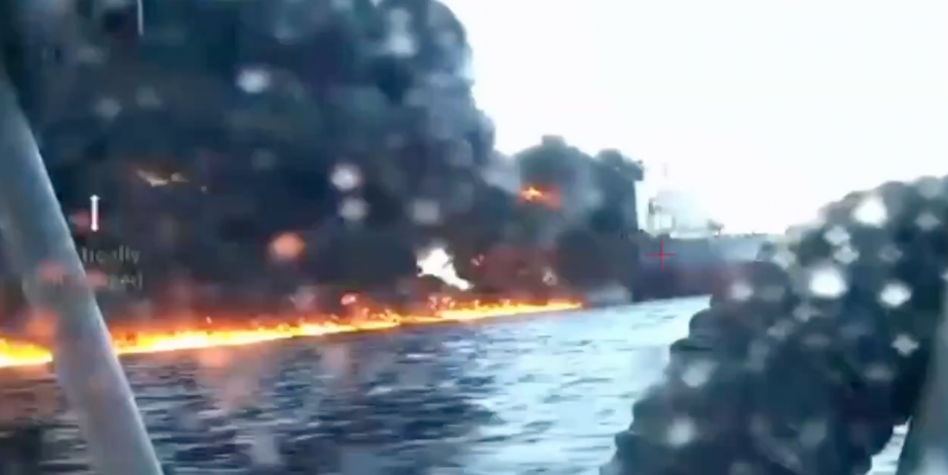 Fire aboard a russian shadow-fleet tanker following a strike by a Sea Baby unmanned surface vessel