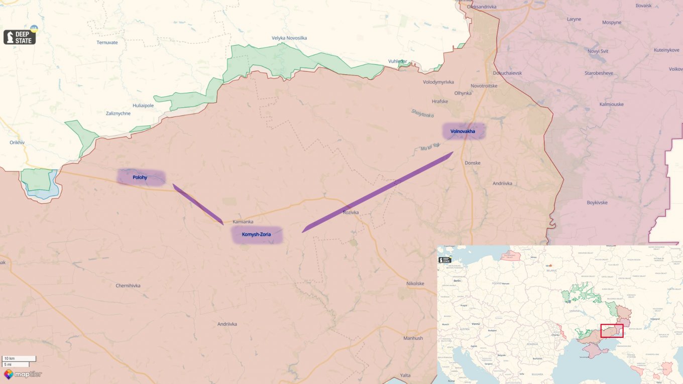 The schematic representation of the Volnovakha – Komysh-Zorya – Polohy railway logistic route
