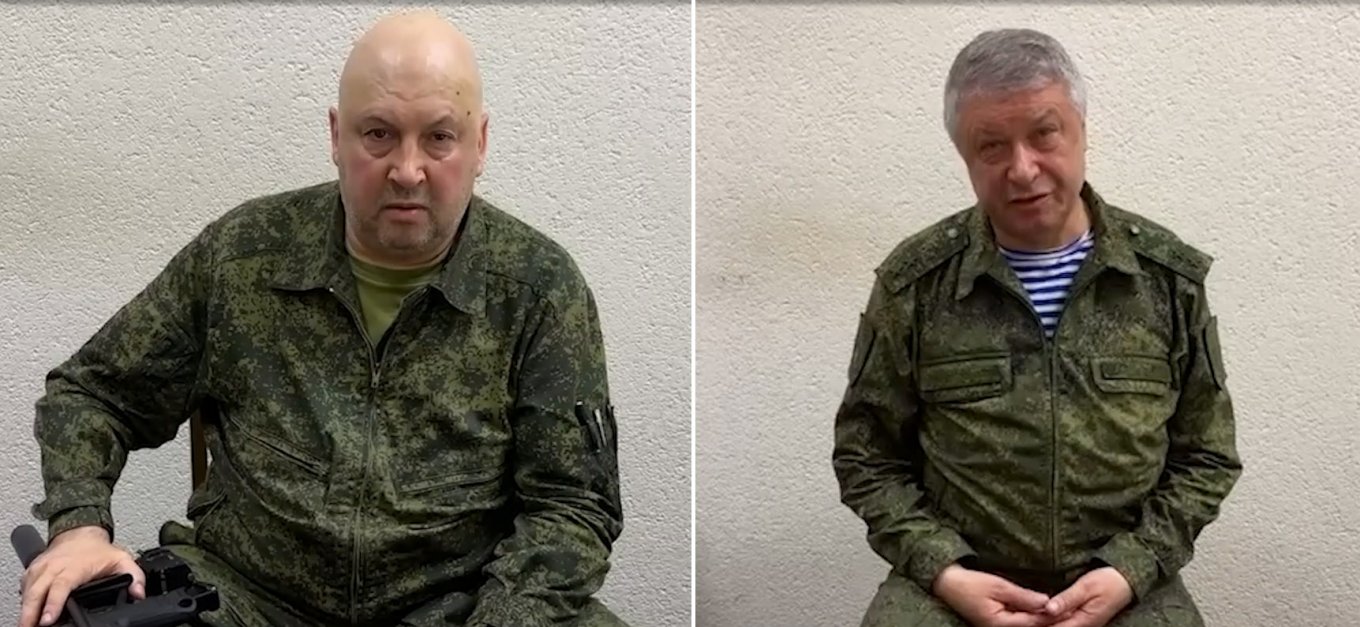 Surovikin (left) and Alekseev (right) record an appeal to Wagner PMC soldiers