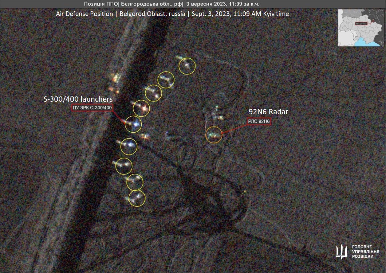 SAR imagery, taken by Ukrainian ICEYE satellite of the russian anti-aircraft missile system in Belgorod Oblast of russia / Original image credit: Defense Intelligence of Ukraine. Inscriptions translated by Defense Express / Minsk Landing Ship and Rostov Na Donu Submarine Destroyed Thanks to the Ukrainian SAR Satellite
