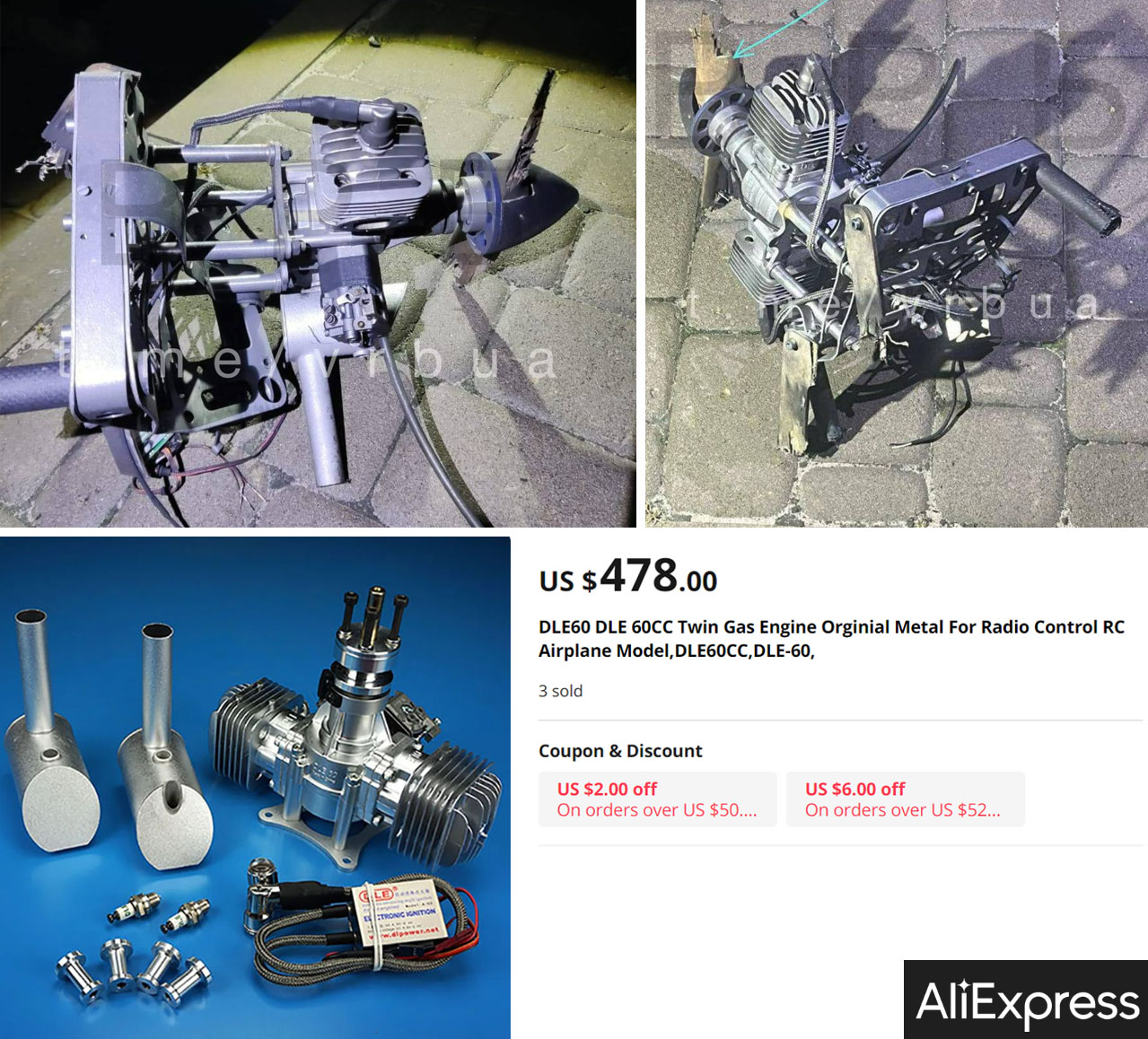 The DLE-60 engine found after an unidentified drone was shot down overnight October 23rd and the same engine in AliExpress online catalog