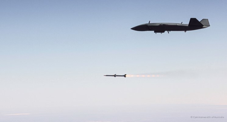 AIM-120 missile launch from MQ-28 Ghost Bat UAV to shoot down drone target / Photo credit: Boeing