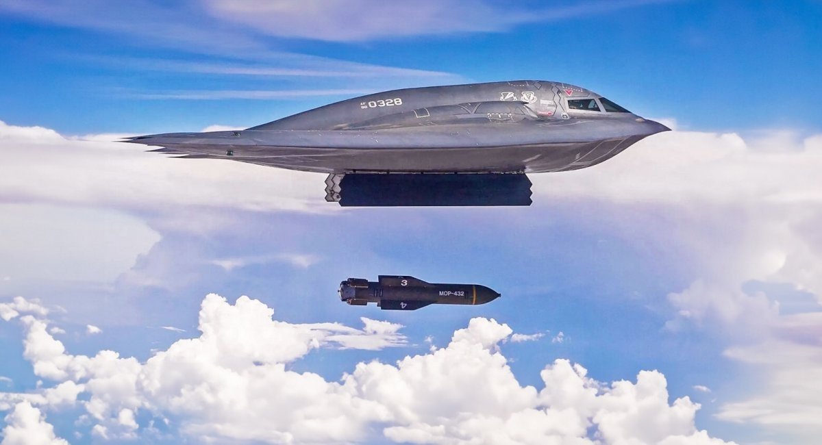 B-2 Spirit drops a GBU-57 Massive Ordnance Penetrator (MOP) bomb