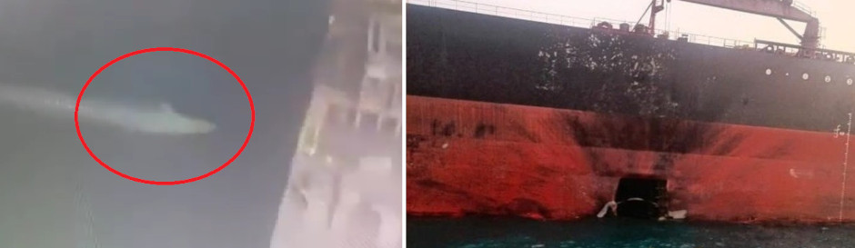 Moment and aftermath of iranian unmanned boat attack on oil tanker near Kuwait / Collage by H I Sutton