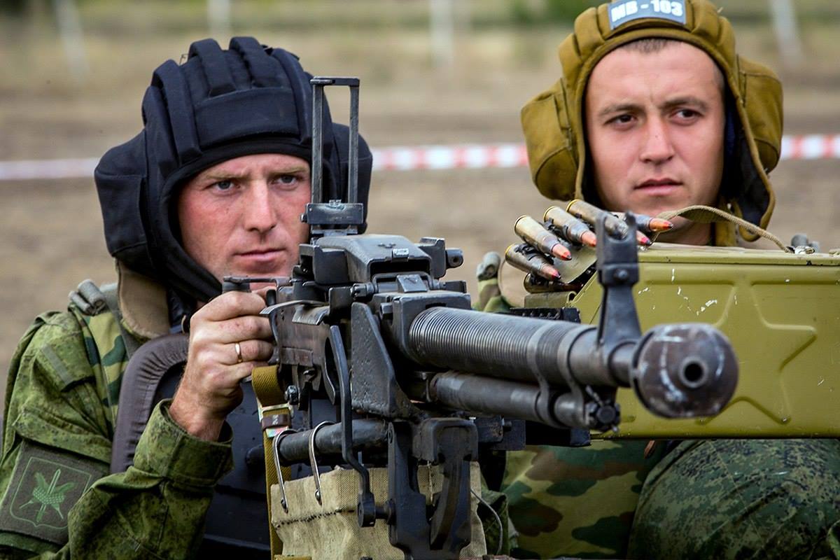 russian soldiers with a DShKM machine gun during the military drills in Transnistria, Moldova