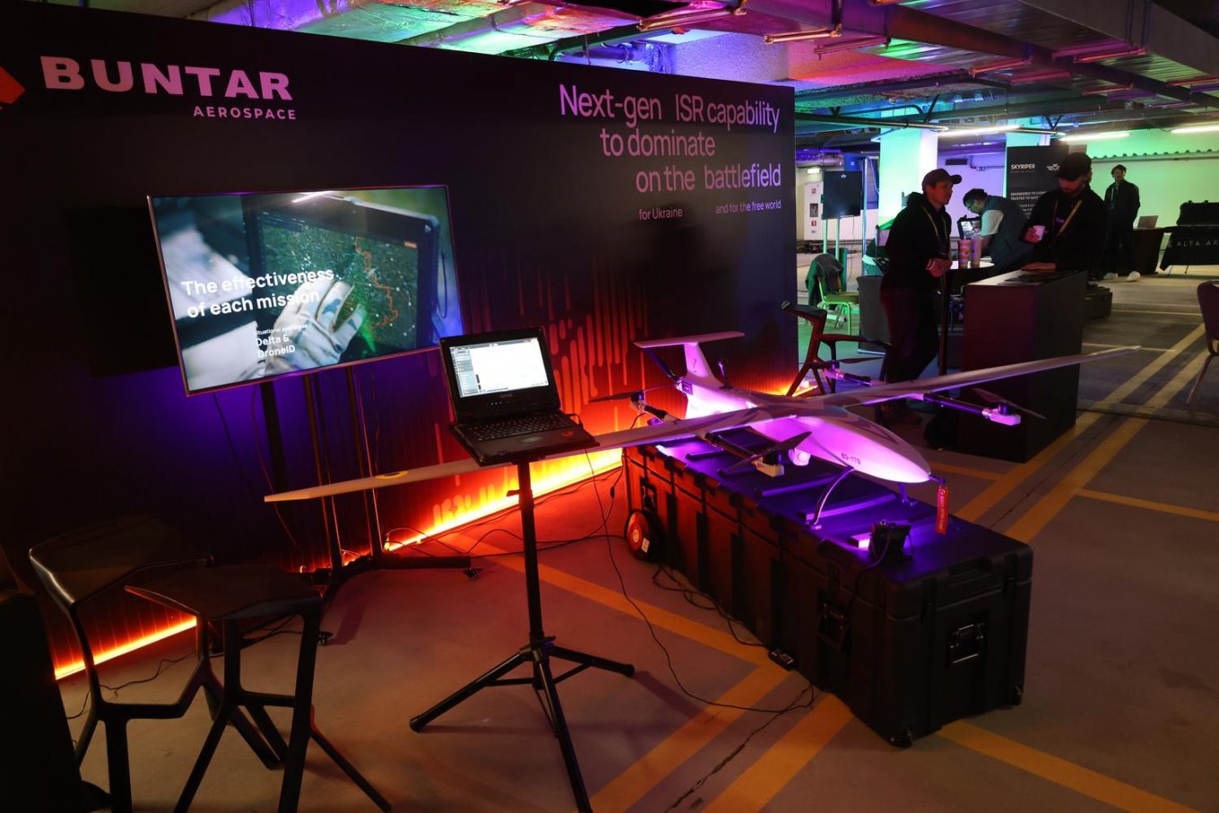 Buntar Aerospace stand at the Defense Technologies exhibition during the Kyiv Security Forum 2026