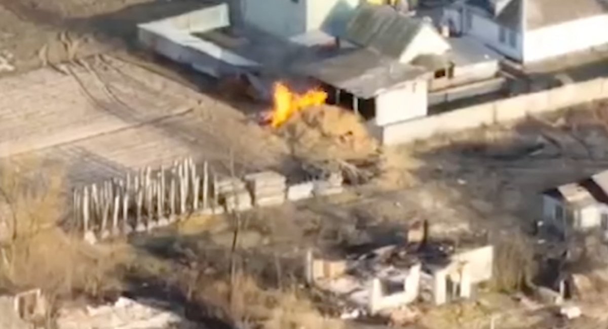 Still frame from drone video shows the moment the Ukrainian artillery hit the 