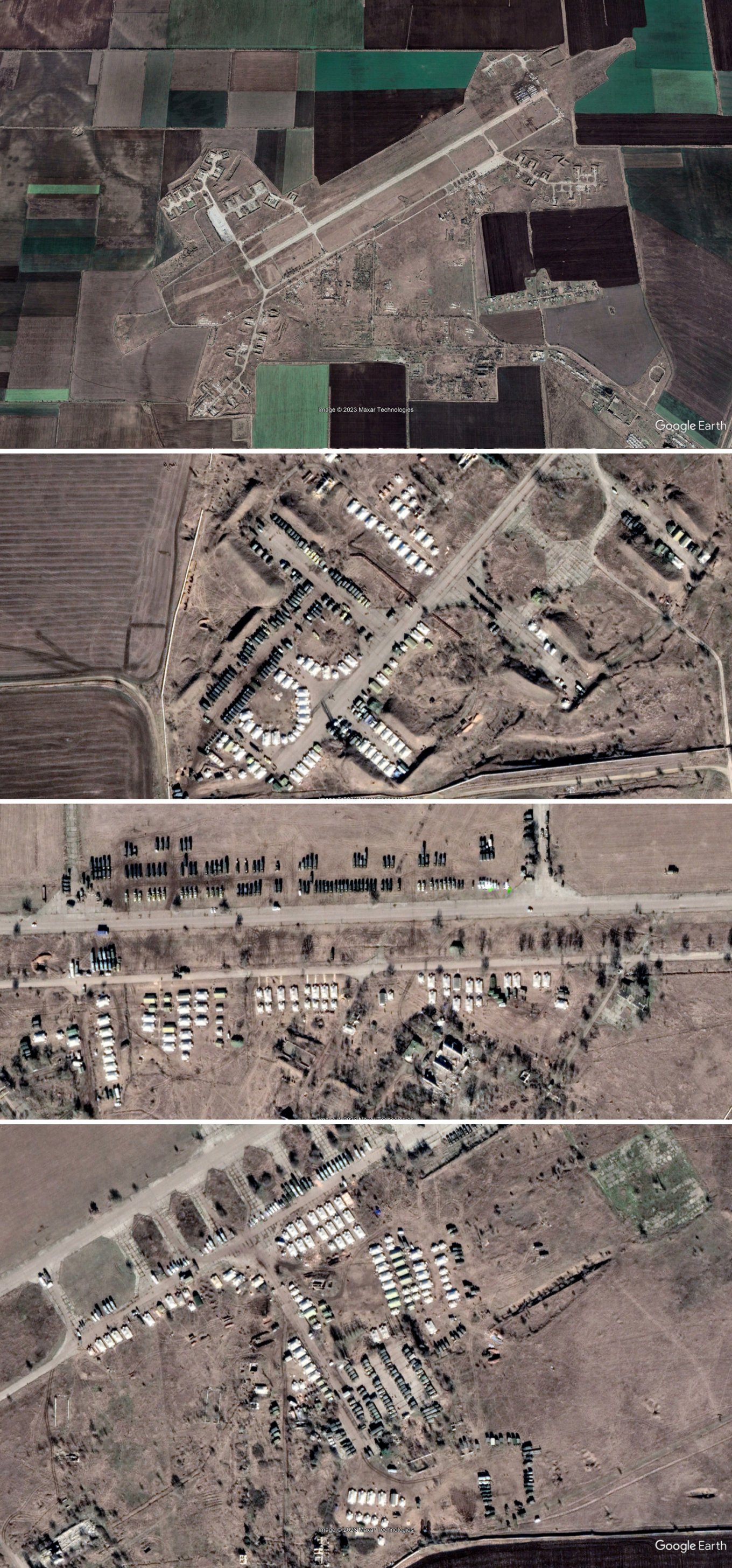 Oktiabrsky airfield, now russian military camp. Satellite photos from February 2022