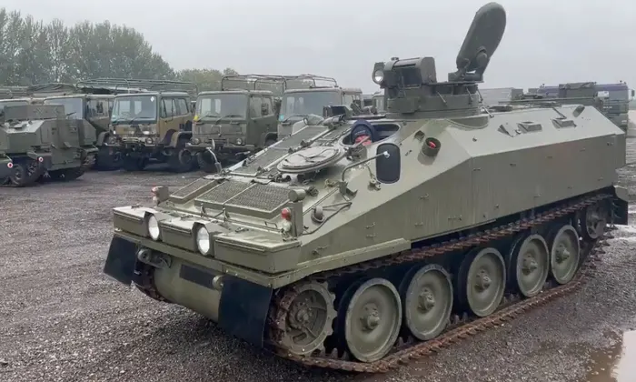 One of the FV103 Spartan armored carriers that will soon go to Ukraine, being examined before the procurement