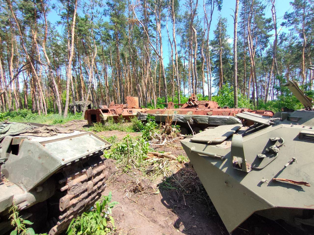 A Photo of the Latest russian T-90M Proryv tank Disassembled for Spare Parts Appeared on the Network, Damaged T-90M Proryv tank, BMP-2 IFV, 1B14 and R-149MA1 vehicles of the russian army, which became donors of spare parts, July 2023, Defense Express