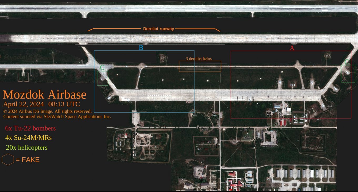 Satellite image of Mozdok airfield as of April 22, 2024 / Defense Express / Ukraine's Liutyi UAV Reaches Mozdok Where Tu-22M3 and MiG-31K Take Off, russia Claims All Drones are Down