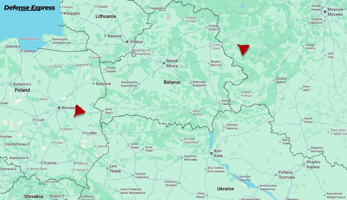 Possible Shahed launch site and the crash location of the unidentified object in Poland / Illustrative graphic by Defense Express // Map credit: Google Maps