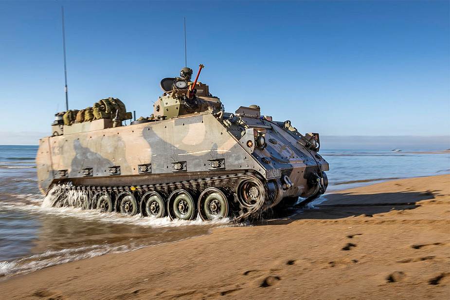 An Australian Army M113AS4 Armoured Personnel Carrier lands on Forrest Beach, Queensland, as part of an amphibious assault activity, during Exercise Talisman Sabre 2021