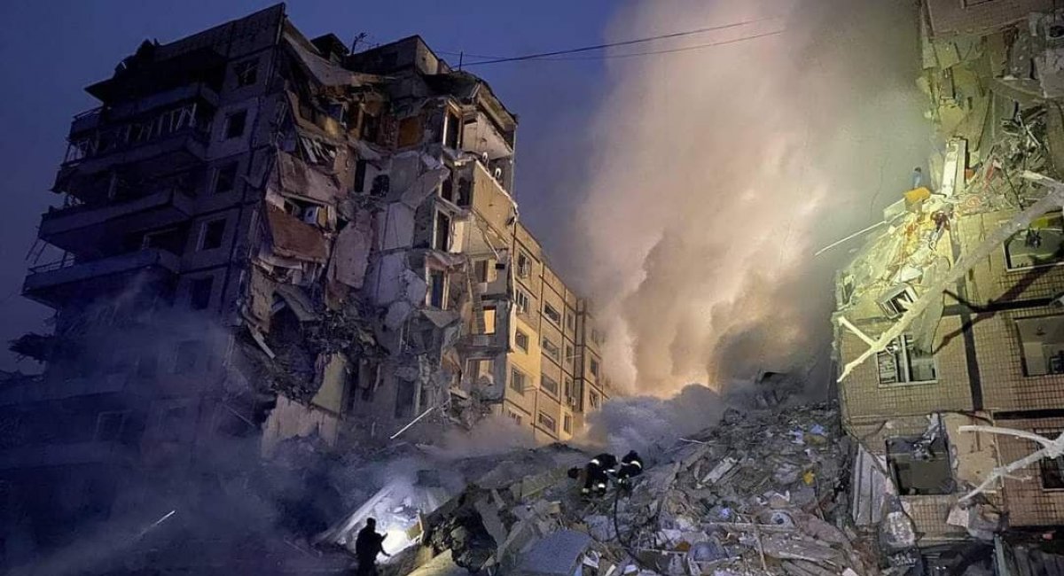 A missile launched on Dnipro city hit a residential building causing severe damage and massive casualties among civilians, Defense Express